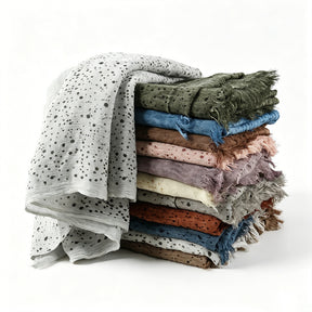 WJ197  Plain Polka Dot Polyester Crinkle Hijab with Short Fringe