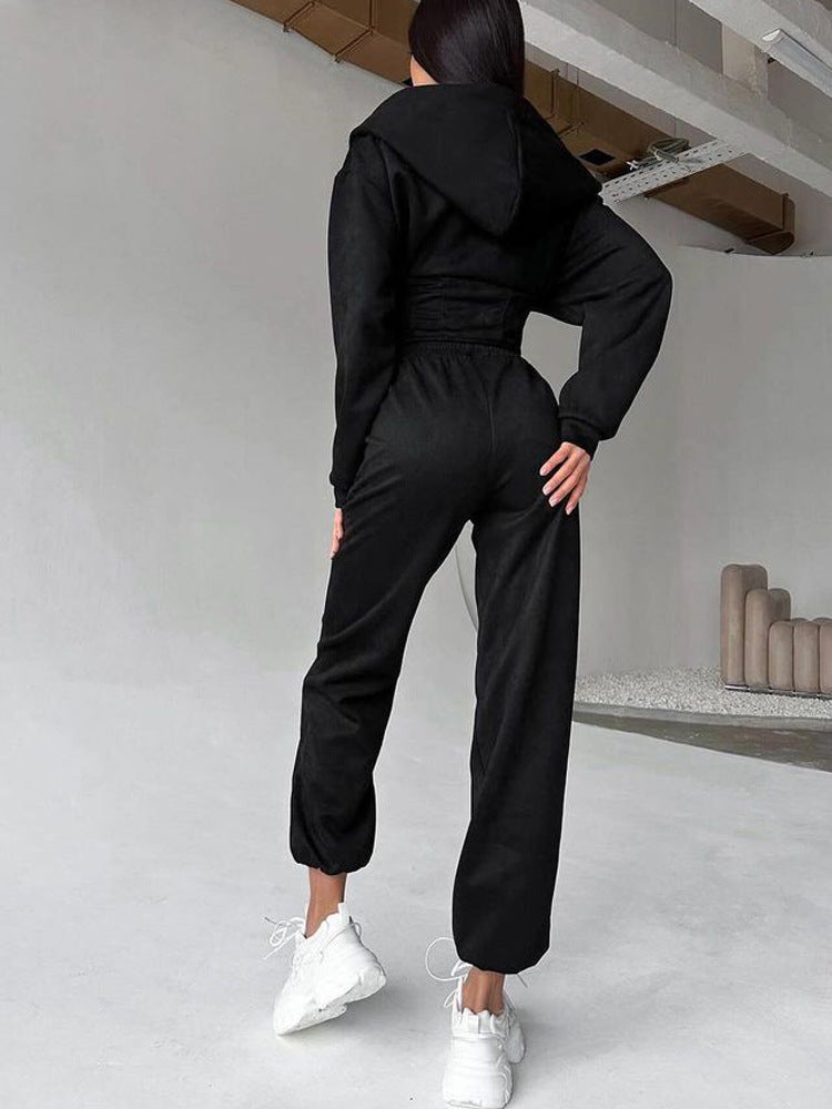C56105  Autumn Winter Women Plain Drawstring Hooded Sweatsuit Abaya 2-Piece Set