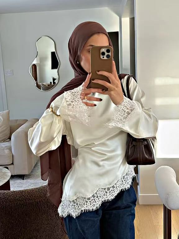 B3788  Round Neck Plain Long Sleeve Irregular Hem Lace Trim Base Layer Top