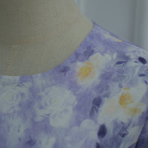 LR1373  Elegant Floral Center Print Double-Layer Polyester Tie Waist Dress