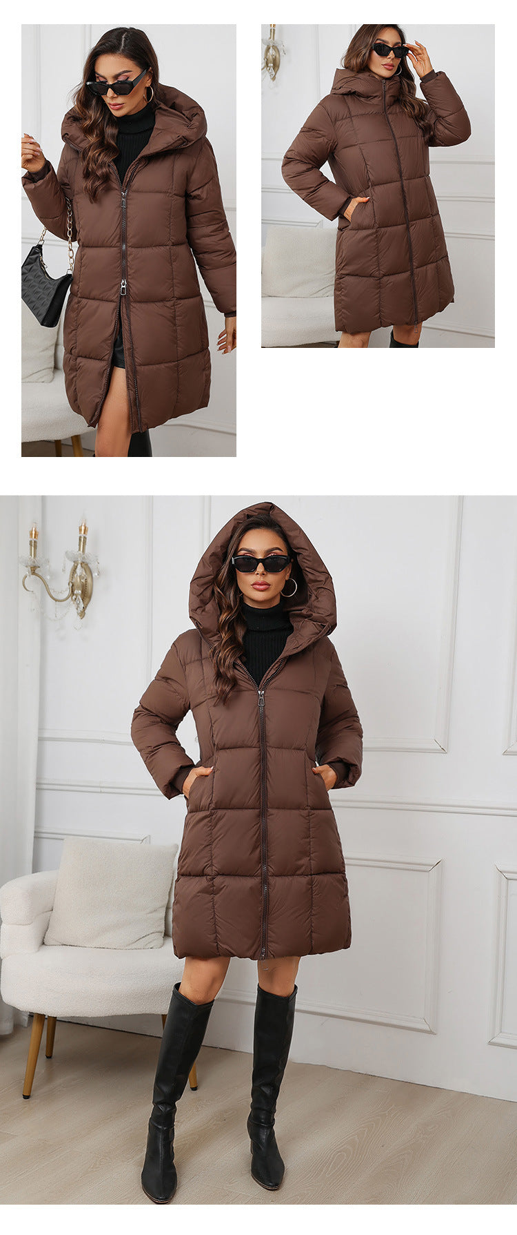 W1836  Women's Hooded Mid-Length Slim Winter Cotton-Padded Coat