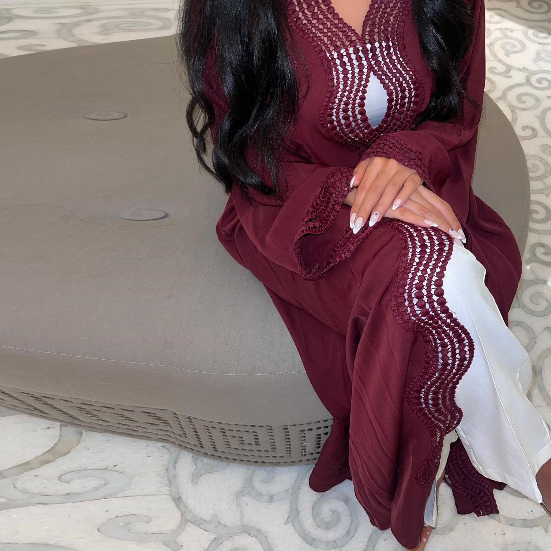 MQ255  Elegant Lace Trim Long Dress Cardigan