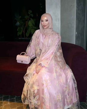 LR1071  Delicate Crochet-Embroidered Cardigan Styled with a Plain Long Dress