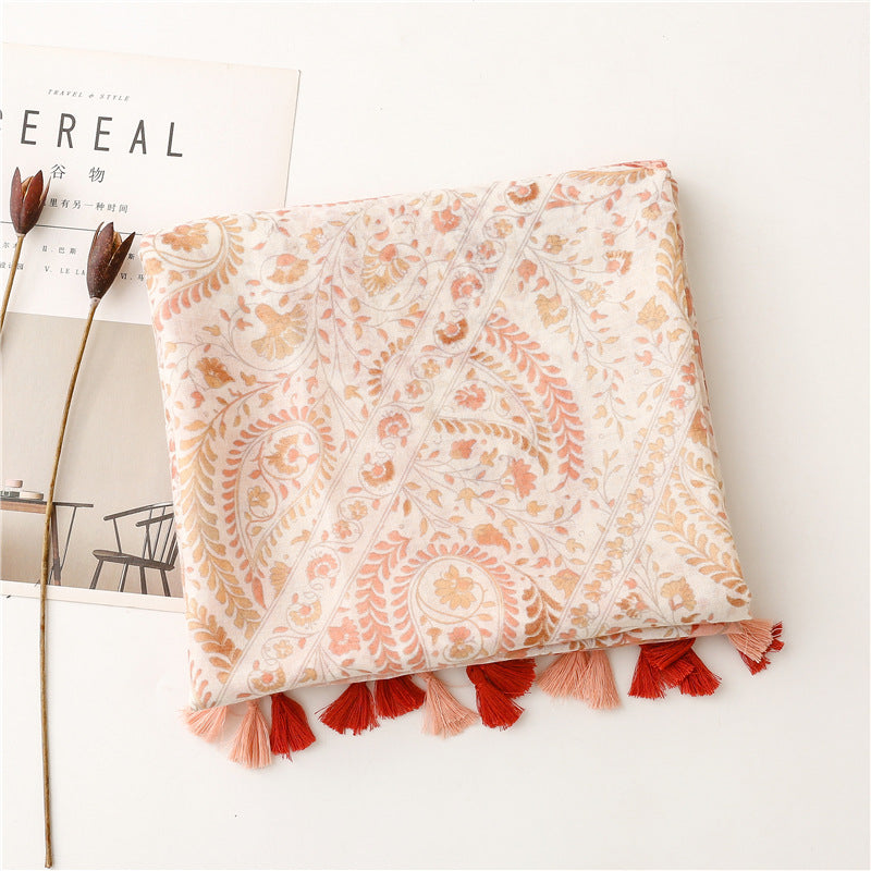 SL2202-009  Women's Ethnic Cotton Linen Feel Scarf with Wheat Ears Tassels