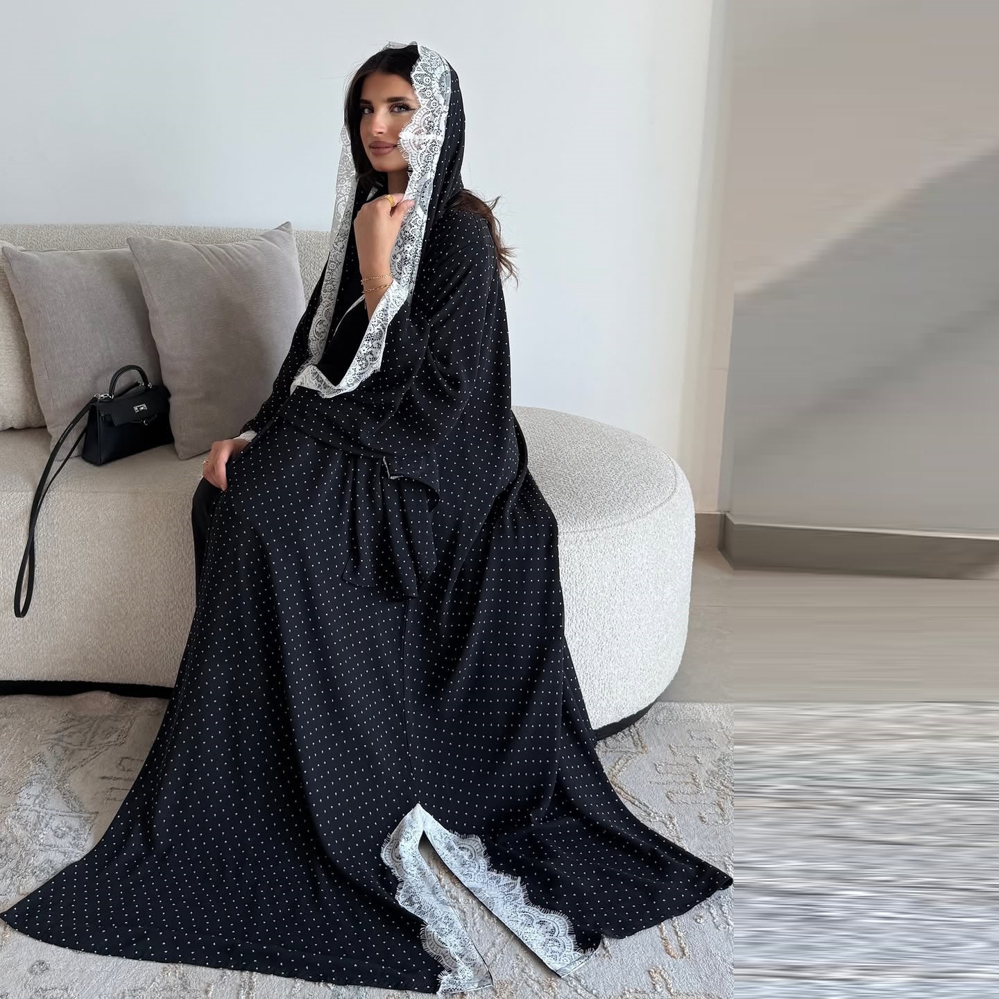 MQ259  Lace Trim Polka Dot Print Abaya Cardigan with Hijab Set