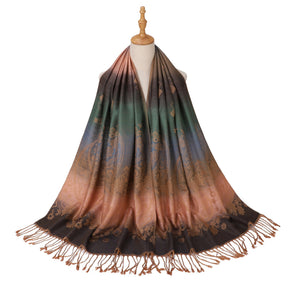 TH05-047  Rainbow Gradient Paisley Jacquard Tassel Viscose Hijab