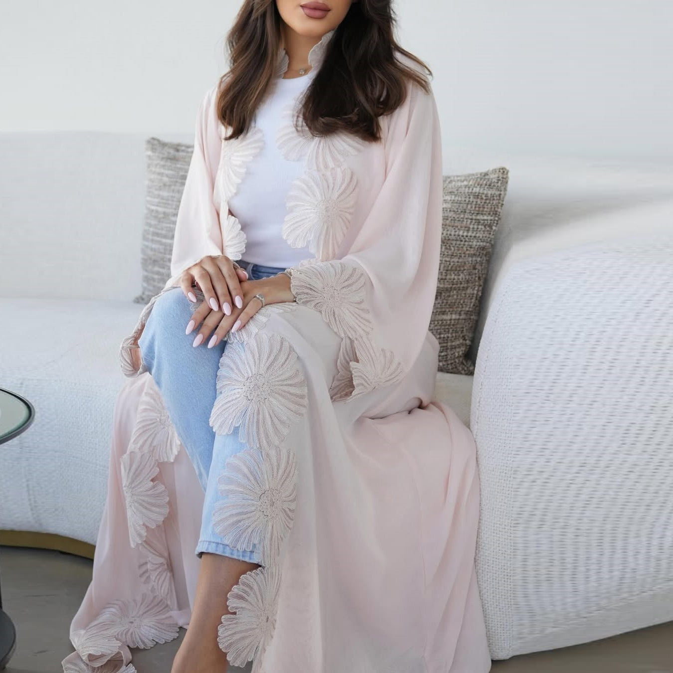 MQ242  Elegant Floral Appliqué Cardigan Abaya for Women