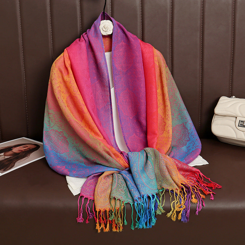 T318-01  Paisley Embroidered Ombre Tassel Polyester Cotton Scarf