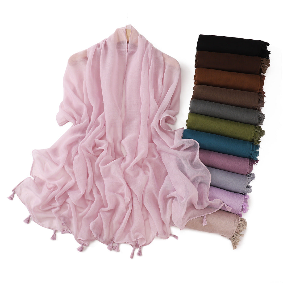 ND06  Plain Polyester Flat-Finish Tassel-End Hijab