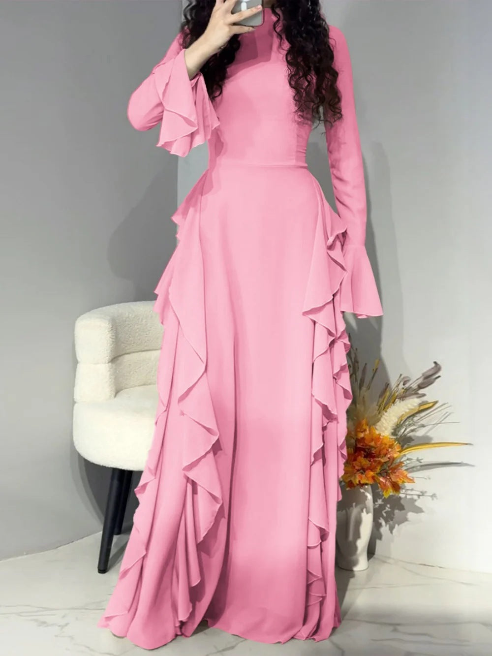 6256  Elegant Plain High-Waist Flare Sleeve Long Dress