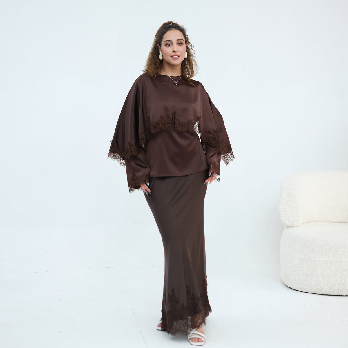 LR1178  Lace-Trim Polyester Top with Shawl & Skirt Set - Sold Separately
