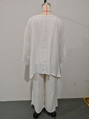 GS-30910  Women Simple Loose Linen Blend Shirt Wide Leg Pants Set
