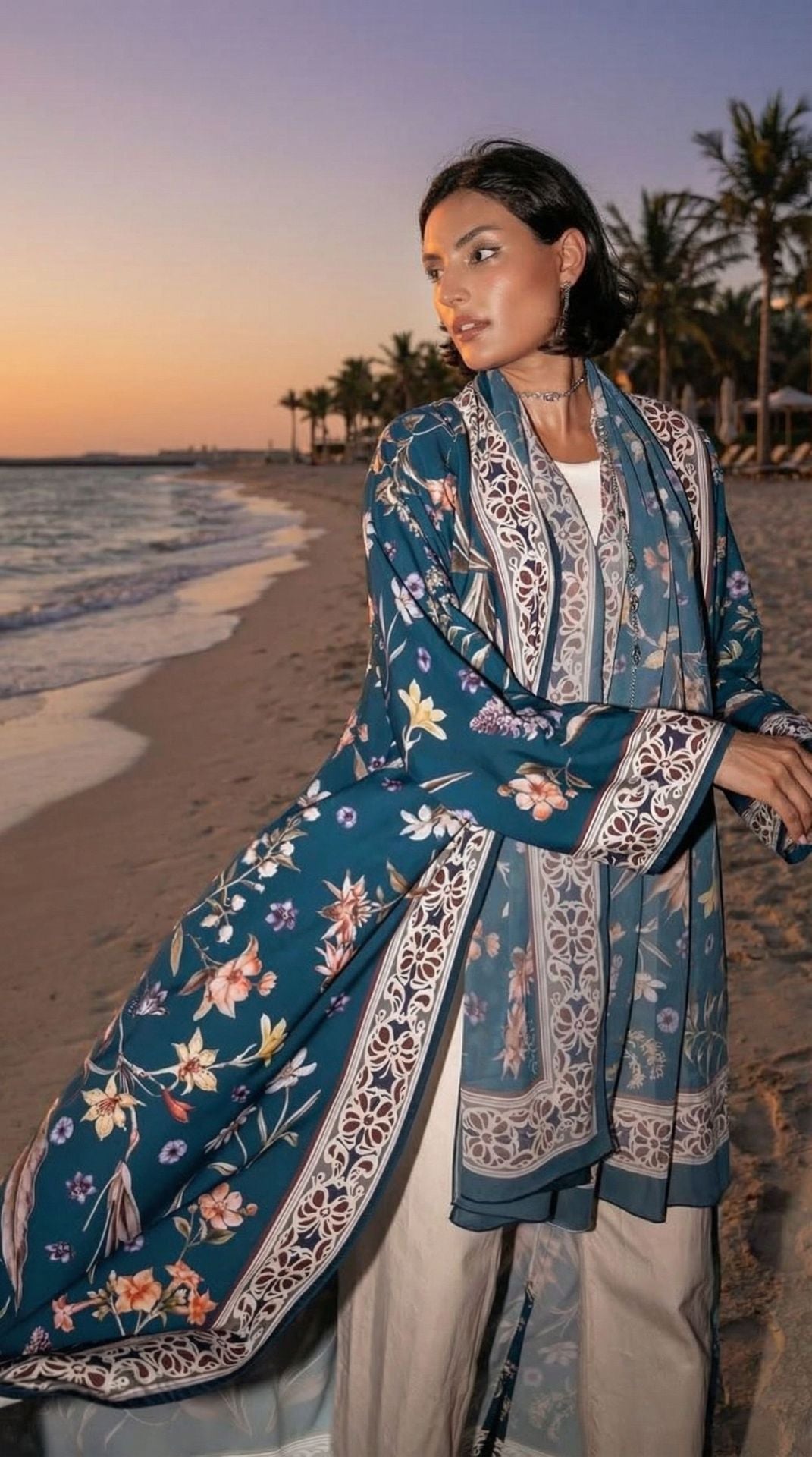 SHCP  Printed floral cardigan + hijab 2-piece set