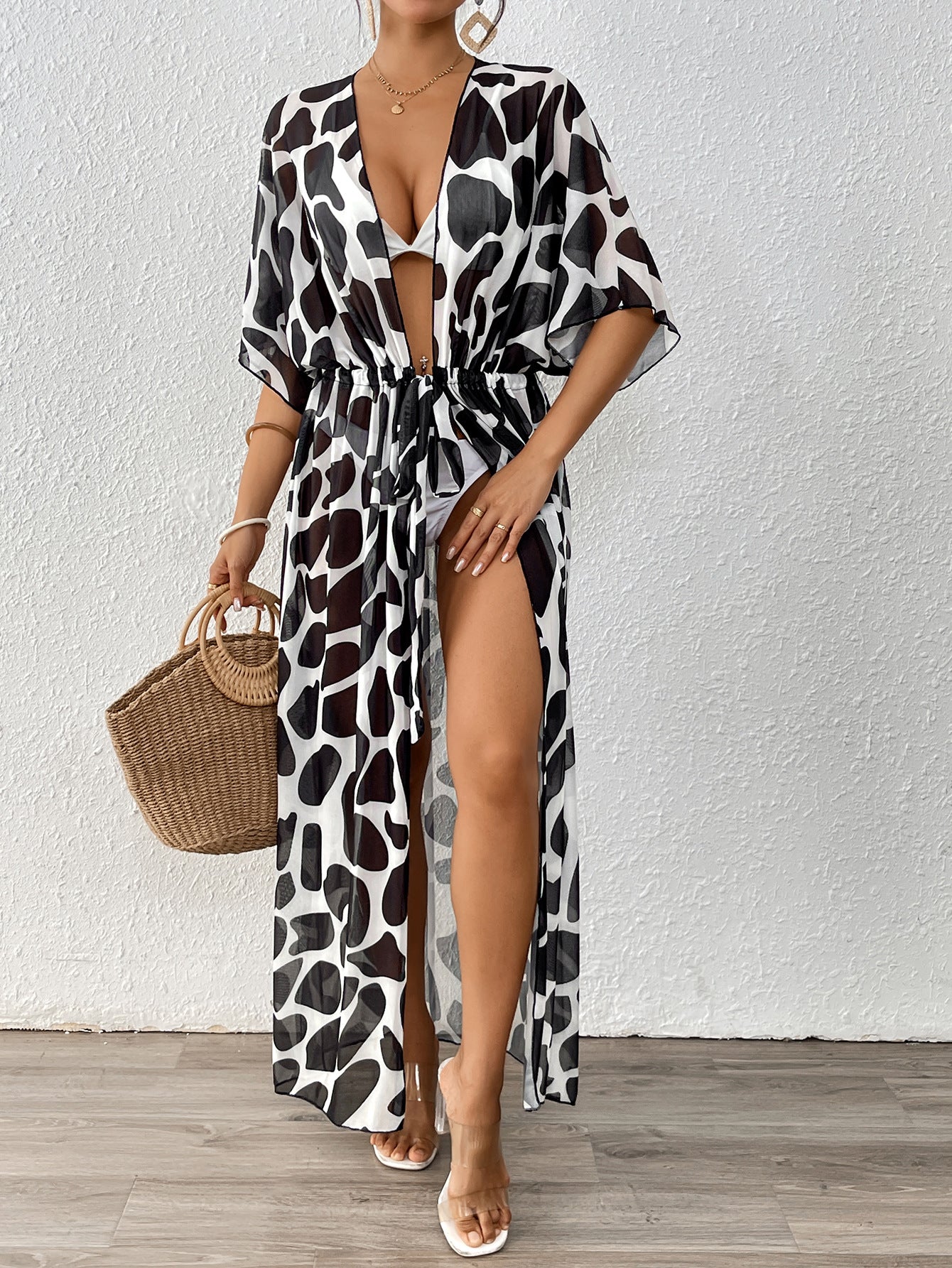 A12267  Batwing Sleeve Tie Waist Leopard Print Mesh Beach Bikini Cover Up