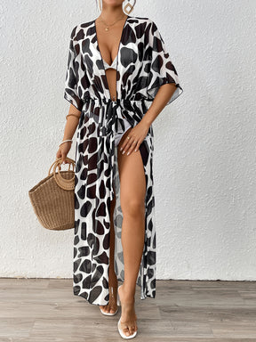 A12267  Batwing Sleeve Tie Waist Leopard Print Mesh Beach Bikini Cover Up