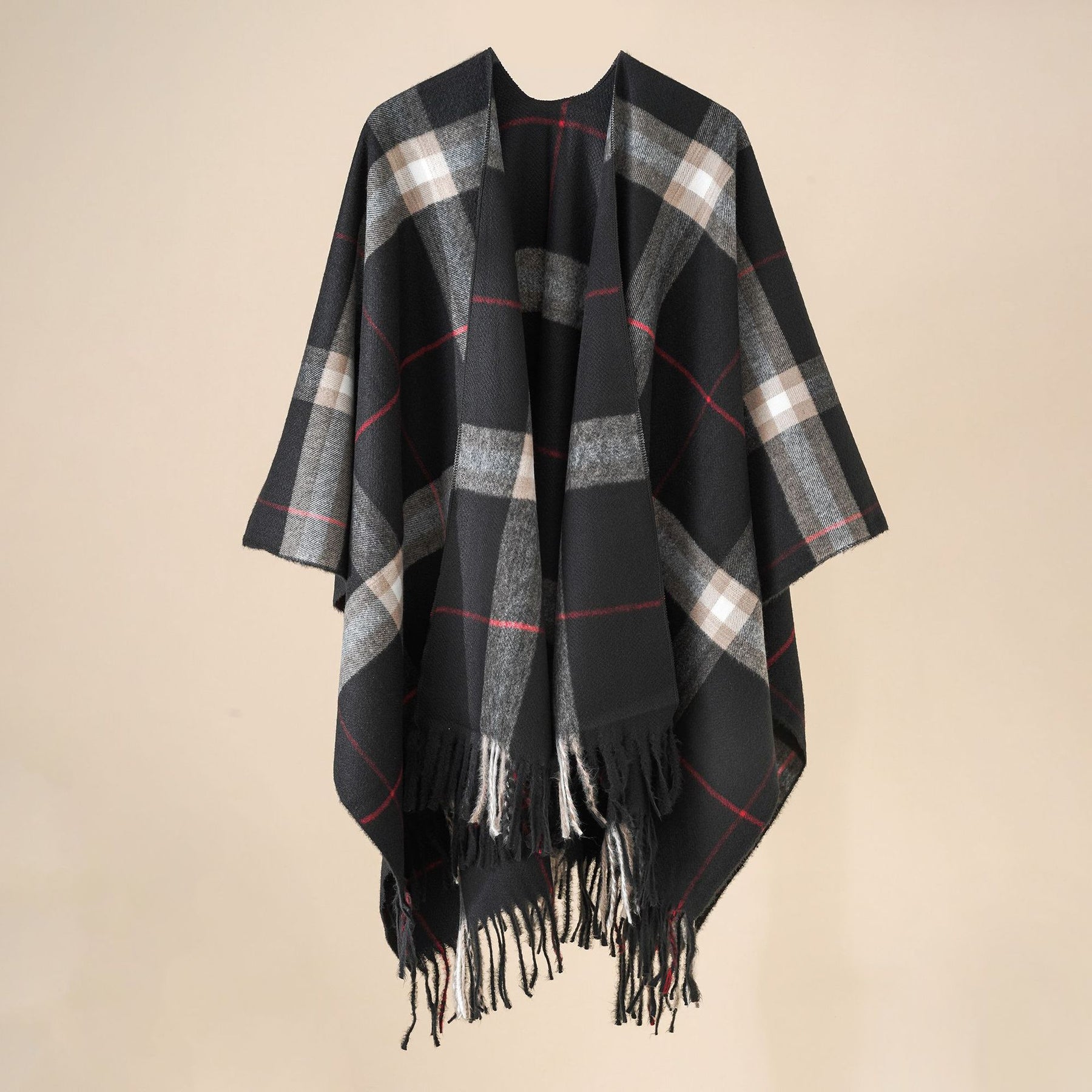 Plaid blanket warm fringed cardigan shawl for autumn and winter