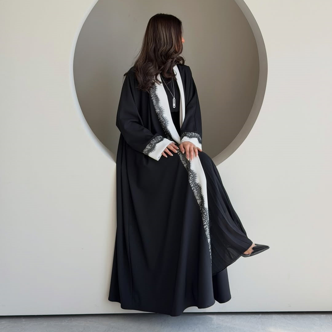 MQ266  Black Polyester Lace Patchwork Abaya