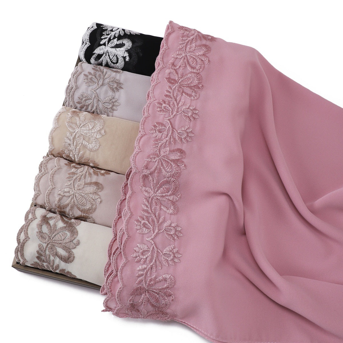 YZ315  Plain Chiffon Butterfly Embroidery Pearl Lace Hijab