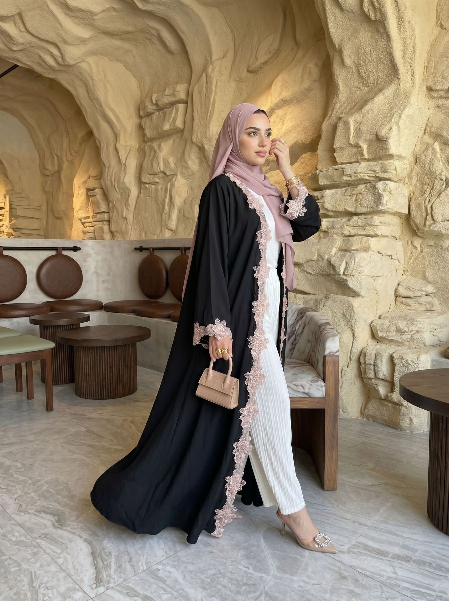 HBWT  Plain Lace Polyester Cardigan + Hijab Set