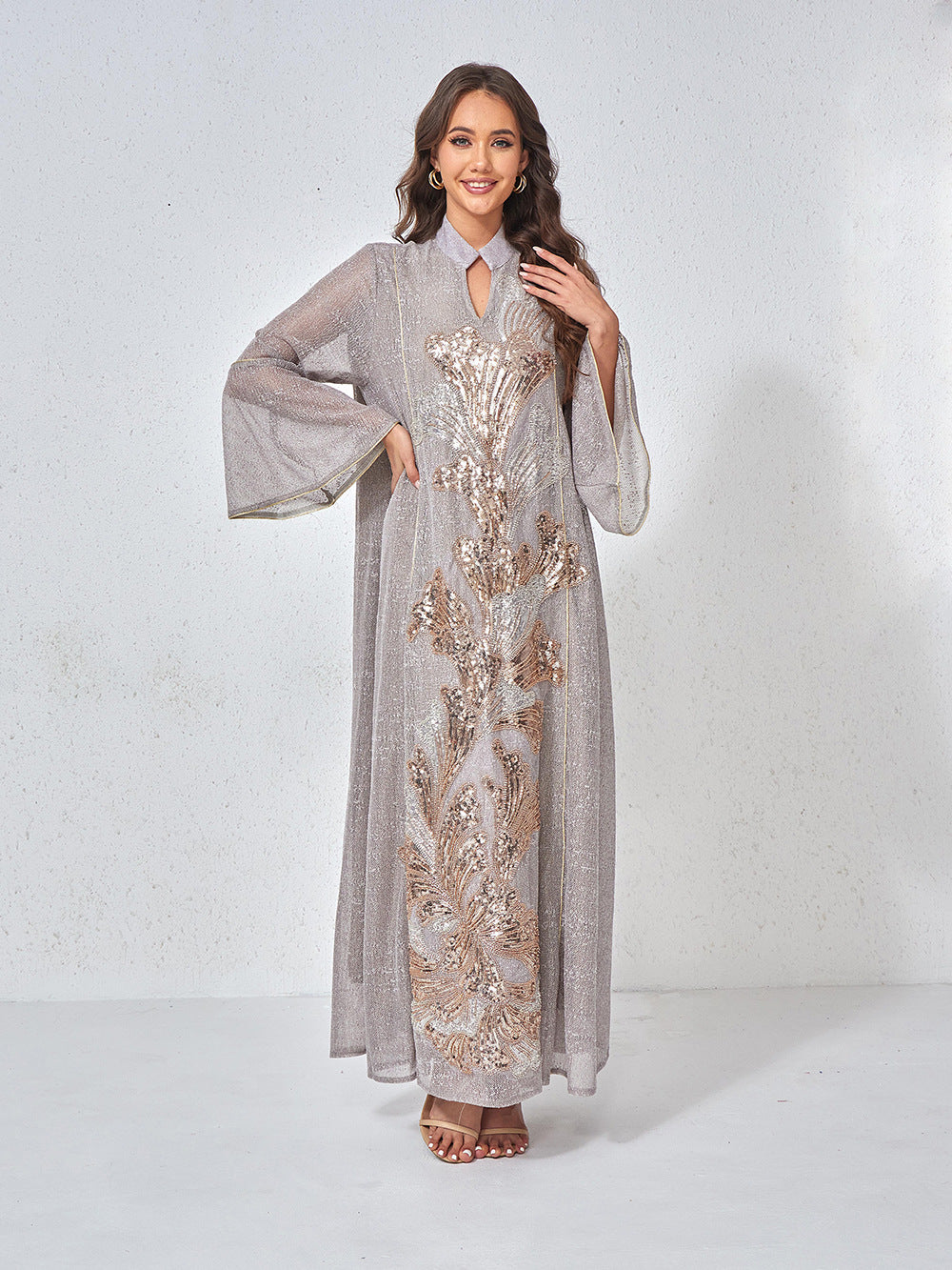 MT557  Stand Collar Sequin Beaded Embroidered Luxury Dress