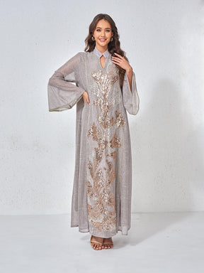 MT557  Stand Collar Sequin Beaded Embroidered Luxury Dress