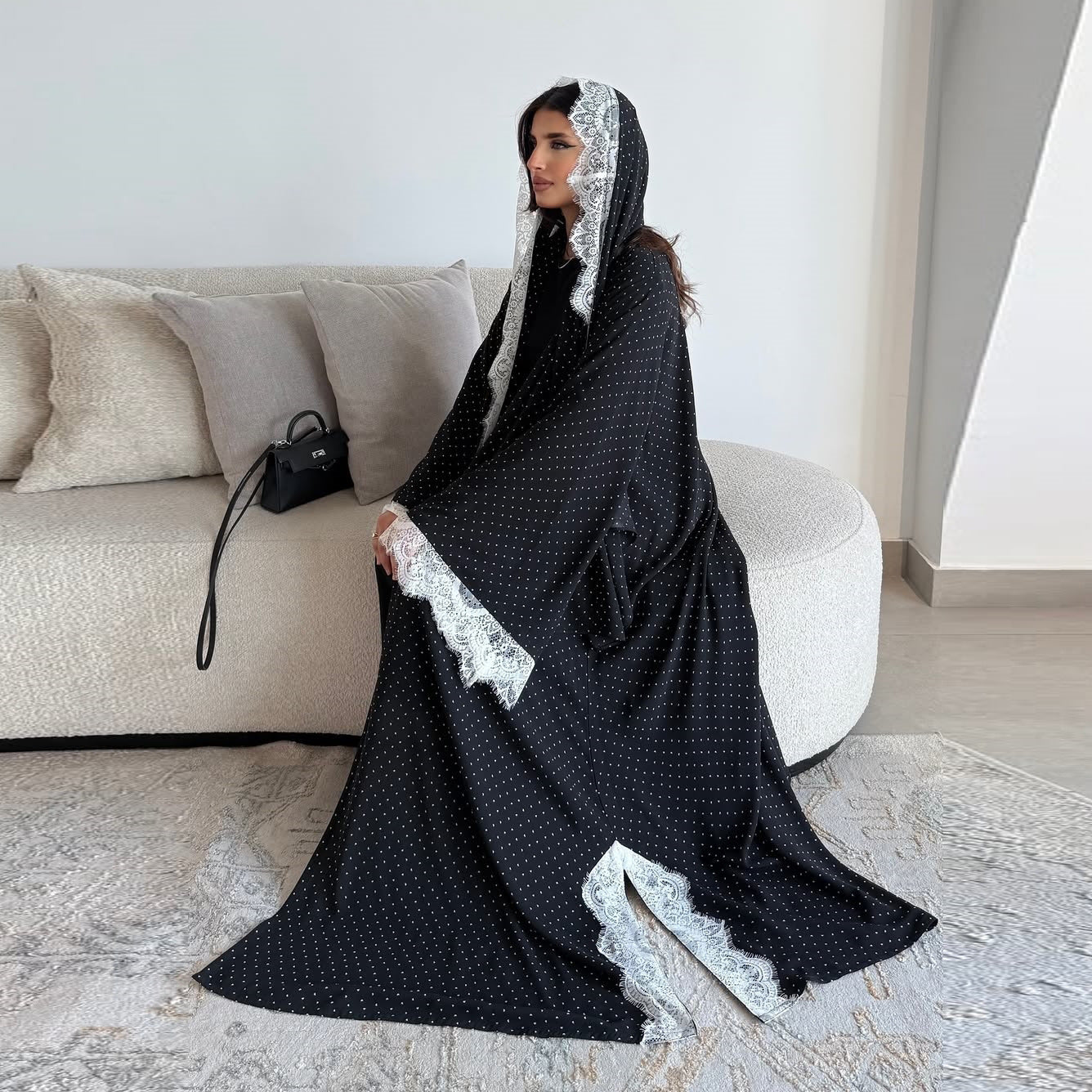 MQ259  Lace Trim Polka Dot Print Abaya Cardigan with Hijab Set