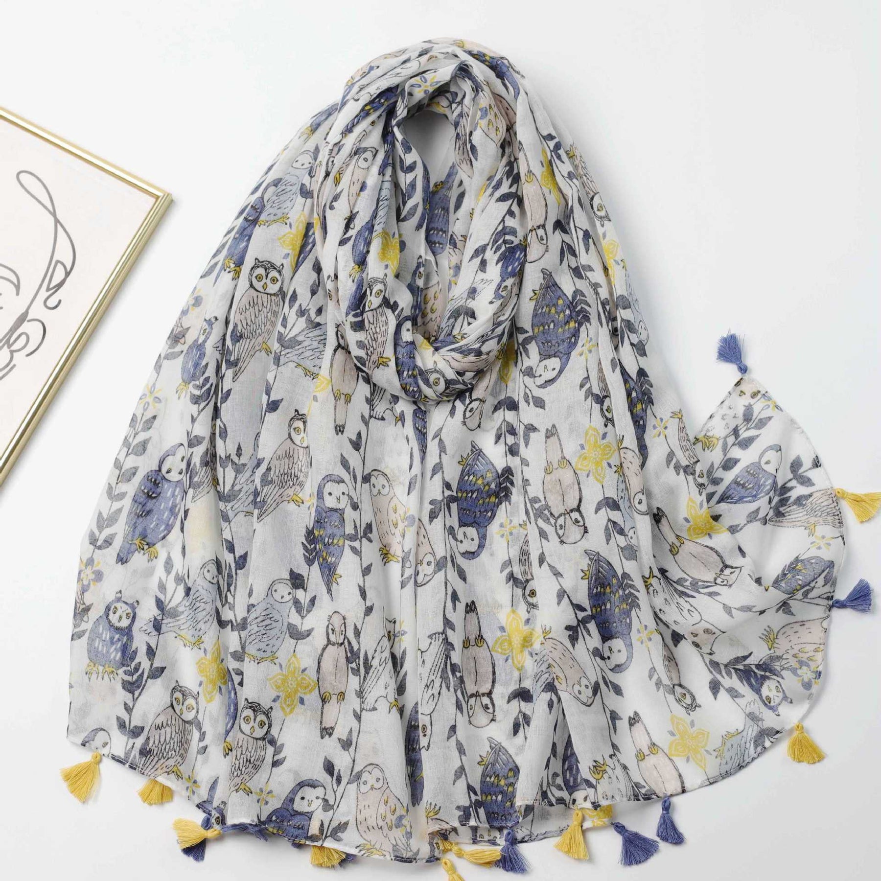 JY240609   Twig owl printed silk scarf