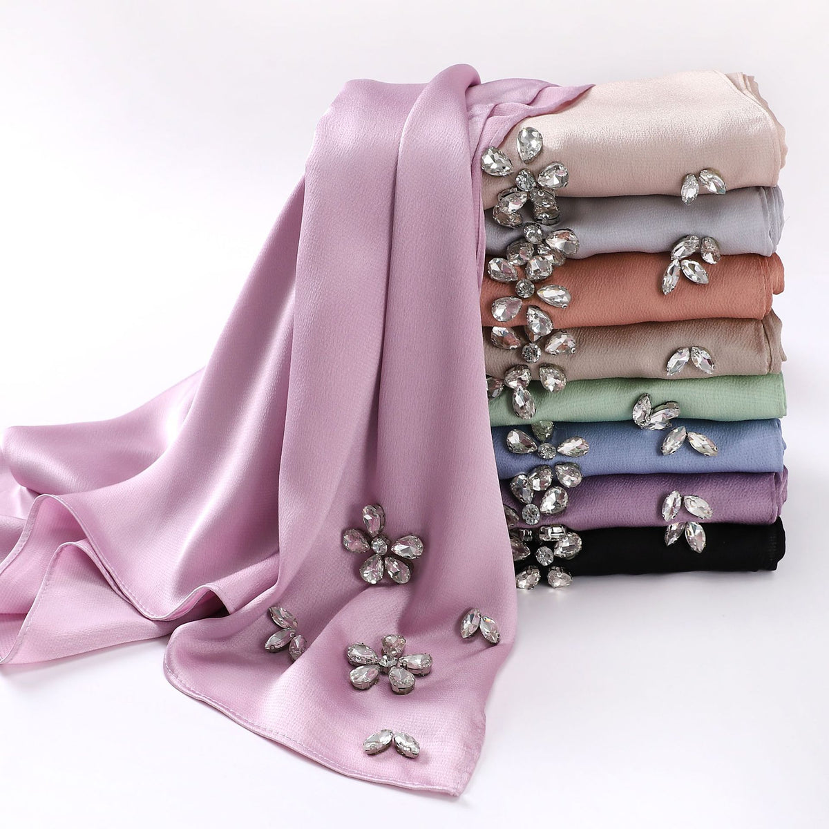 W-0048 plain chiffon Hand set diamond hijab scarf