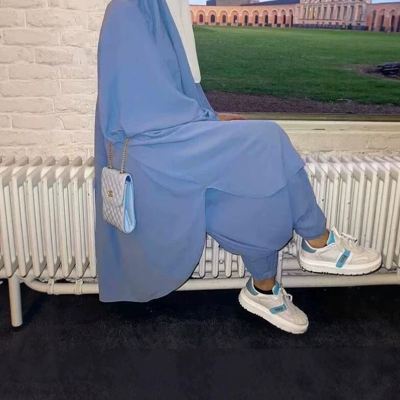 P103  Plain 2-Piece Loose Long Sleeve Top Hijab and Tied Pants Set