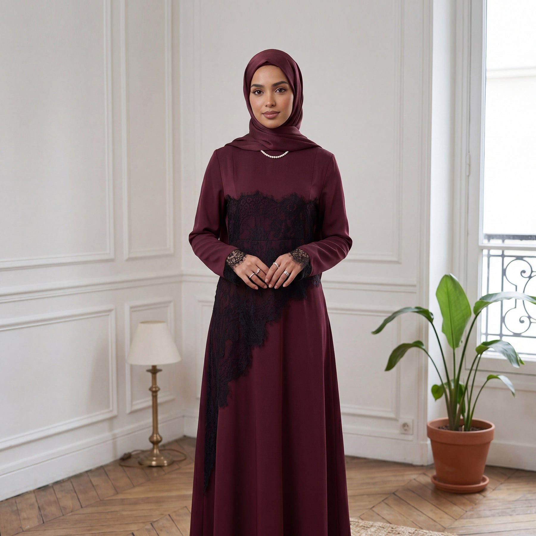LR1174  Plus size lace panel long sleeve waist-cinching dress