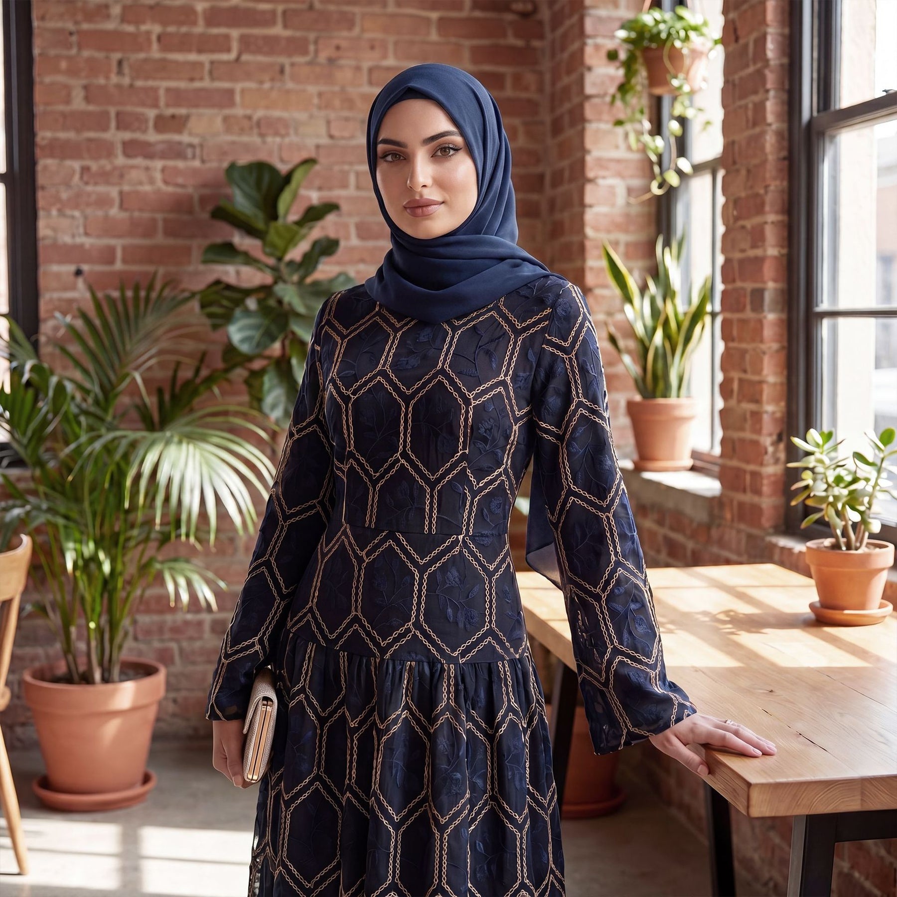 LR1095  Women's Plus Size Long Sleeve Full Embroidery Dress