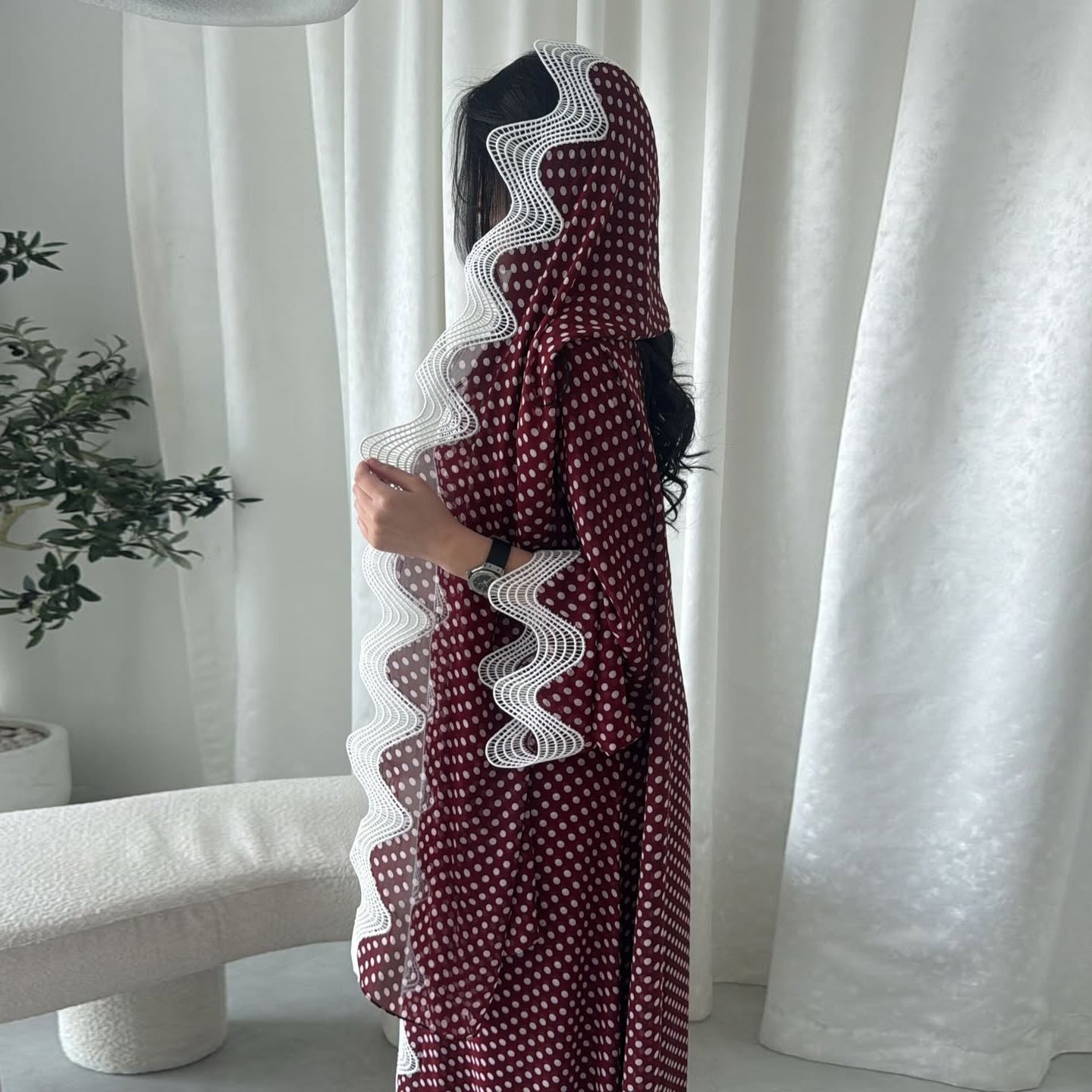 MQ297  Red Polka Dot Chiffon Wavy Lace Cardigan + Hijab Set