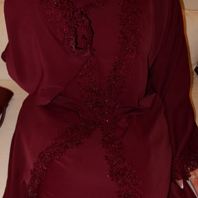 LR1191  Plain Nida Gold Foil Lace Open Abaya + Inner Layer + Hijab Set