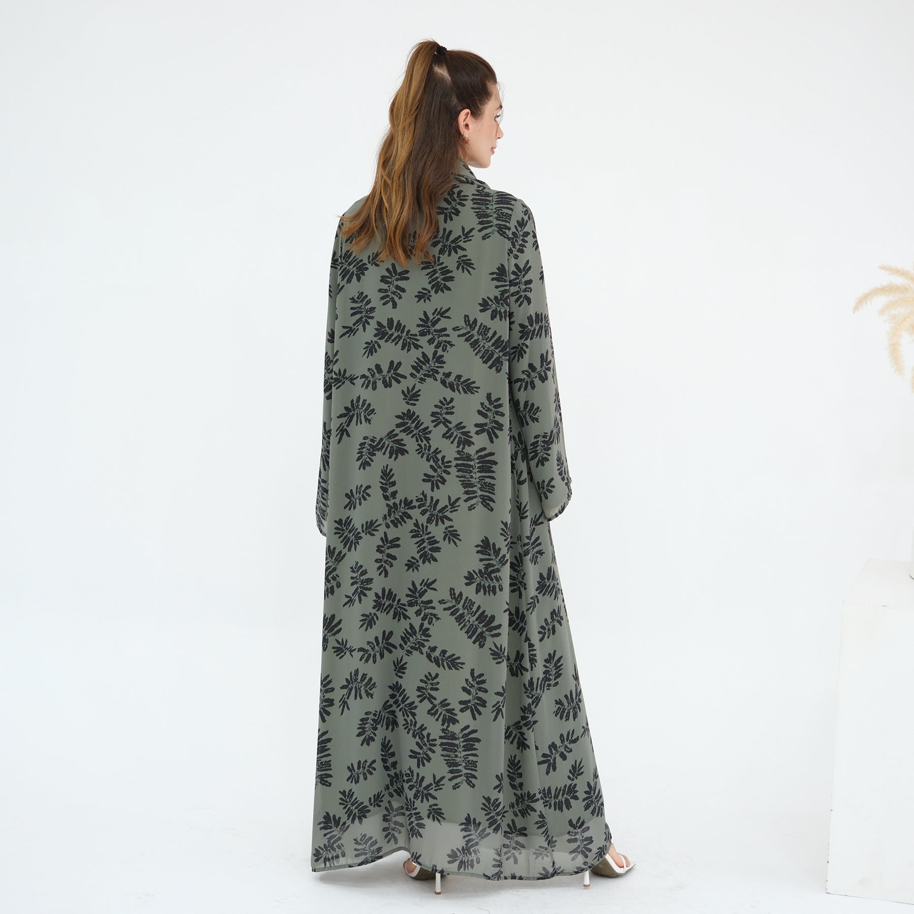 LR1067  Printed Chiffon Lined Open Abaya + Hijab Set