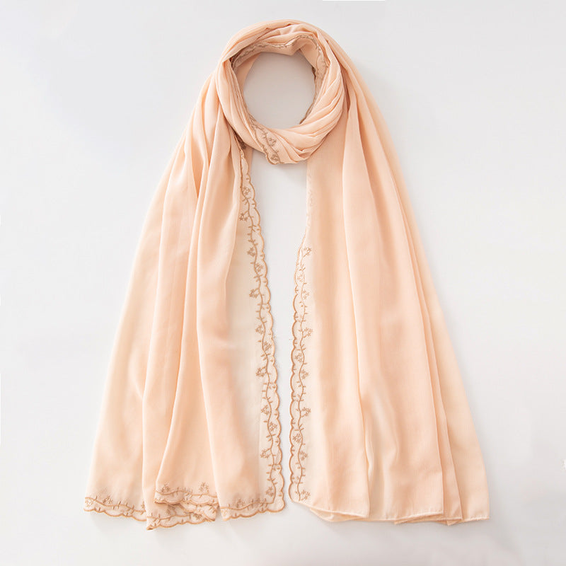 WJA91 plain pearl chiffon embroidery edge hijab scarf