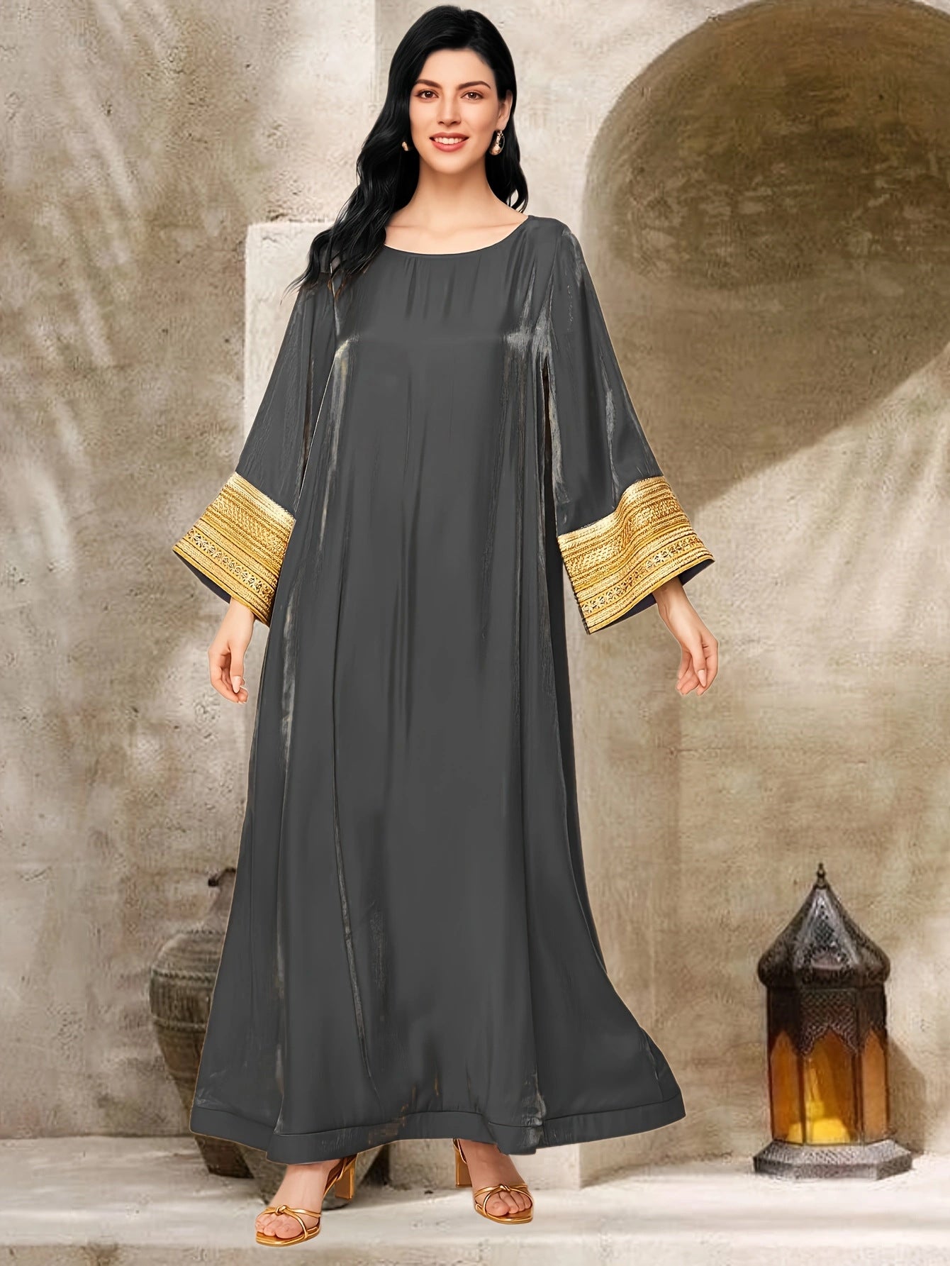658  Shiny long dress plus size gold luxurious dress