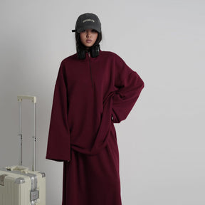 LR1127  Casual Loose Zipper Collar Top and Skirt 2-Piece Set