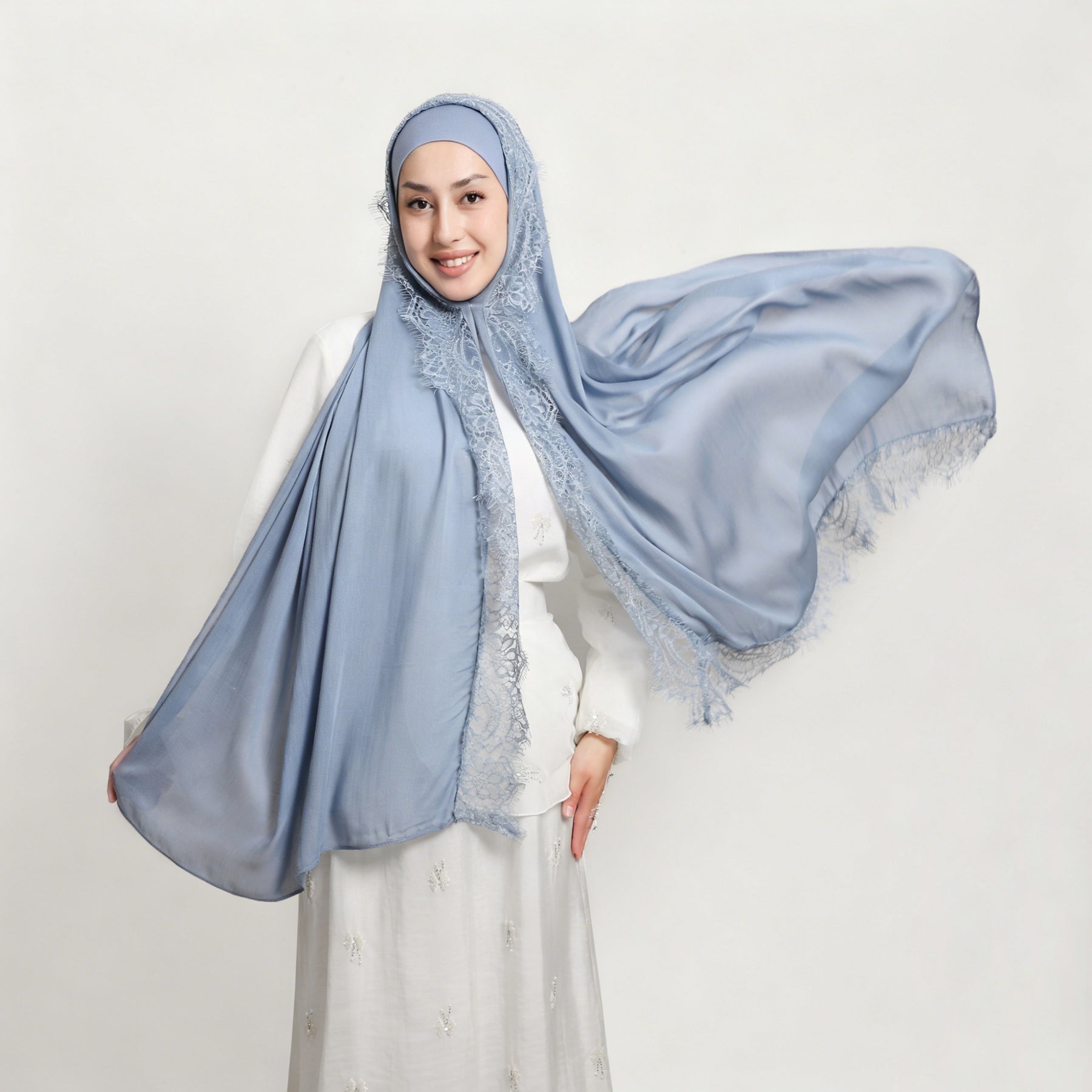 YZ347  Plain Modal Lace Hijab + Mercerized Cotton Tube Cap Set