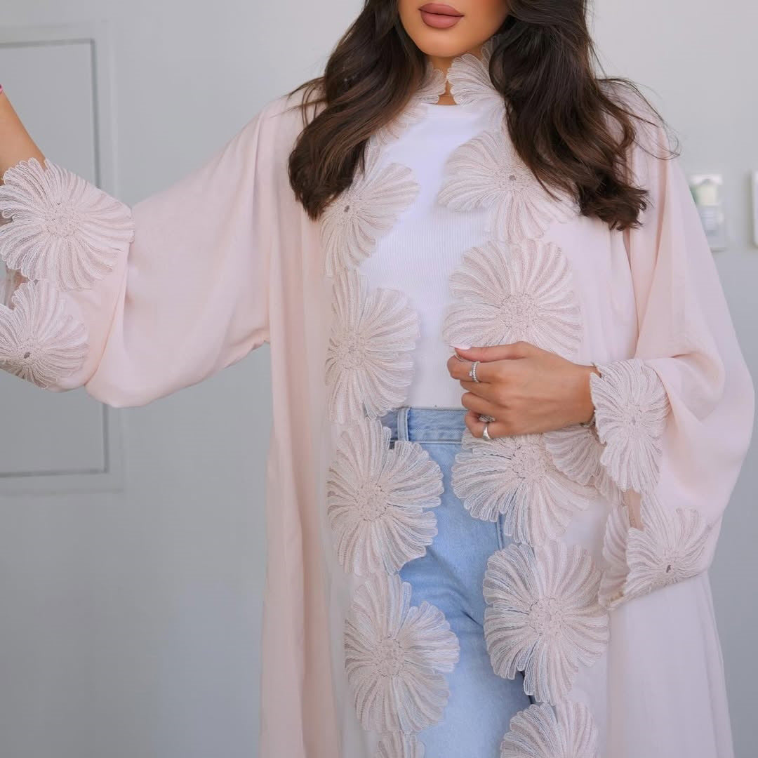 MQ242  Elegant Floral Appliqué Cardigan Abaya for Women