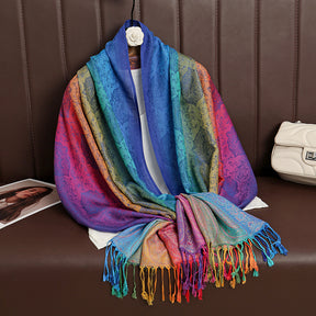 T318-01  Paisley Embroidered Ombre Tassel Polyester Cotton Scarf
