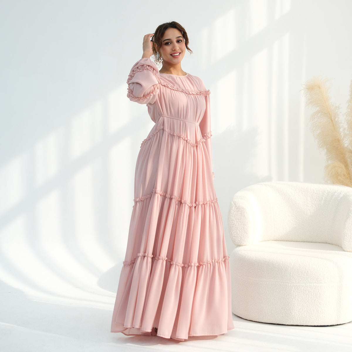 LR1161  Long Sleeve Tiered Ruffle Double Layer Dress