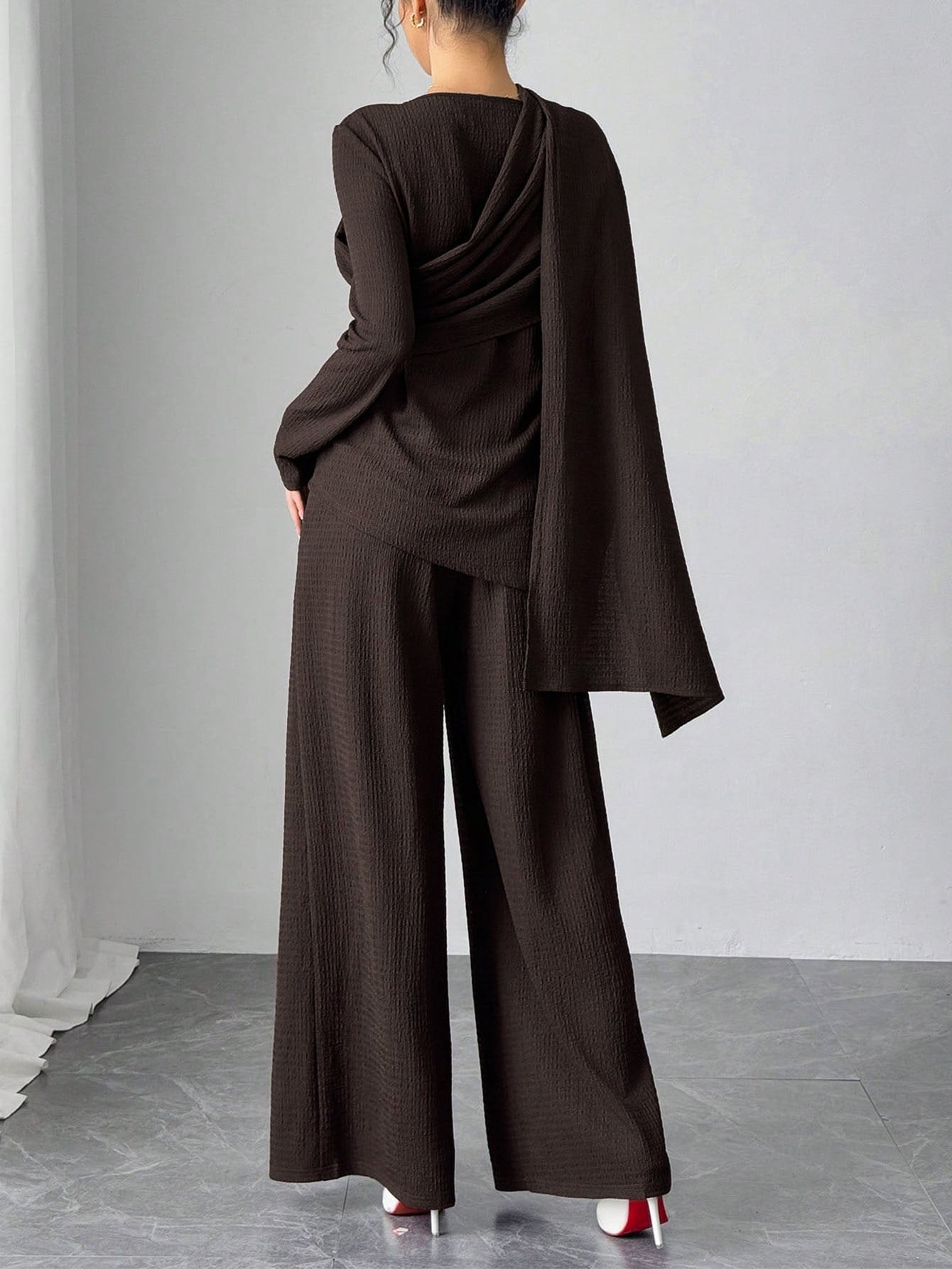 SY013  Elegant Casual Polyester Top + Wide-Leg Pants Set