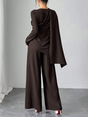 SY013  Elegant Casual Polyester Top + Wide-Leg Pants Set