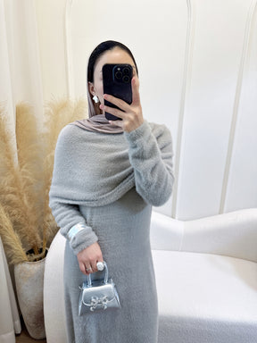 LR1085  2-Piece Plain Slim Fit Sweater Set with Shawl