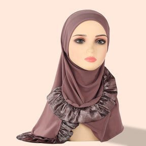 TD68-062  Plain Crystal Linen One-Piece Hijab, Silver Foil Ruffles