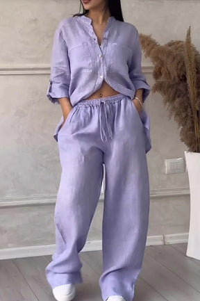 6670  Women's Plain Single-Breasted Long Sleeve Shirt & Tie Waist Pants Set