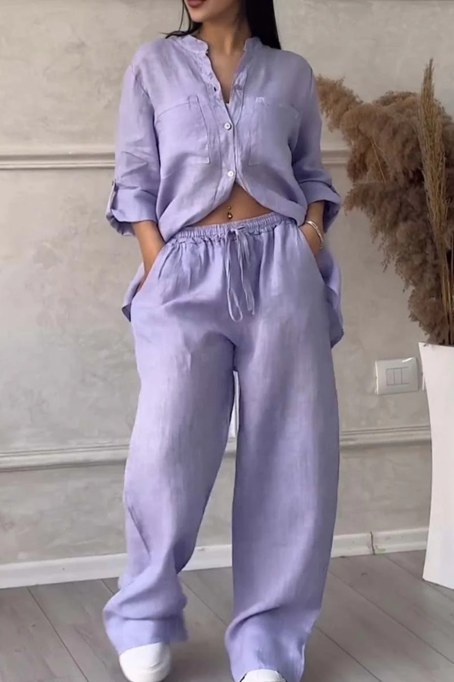 6670  Women's Plain Single-Breasted Long Sleeve Shirt & Tie Waist Pants Set