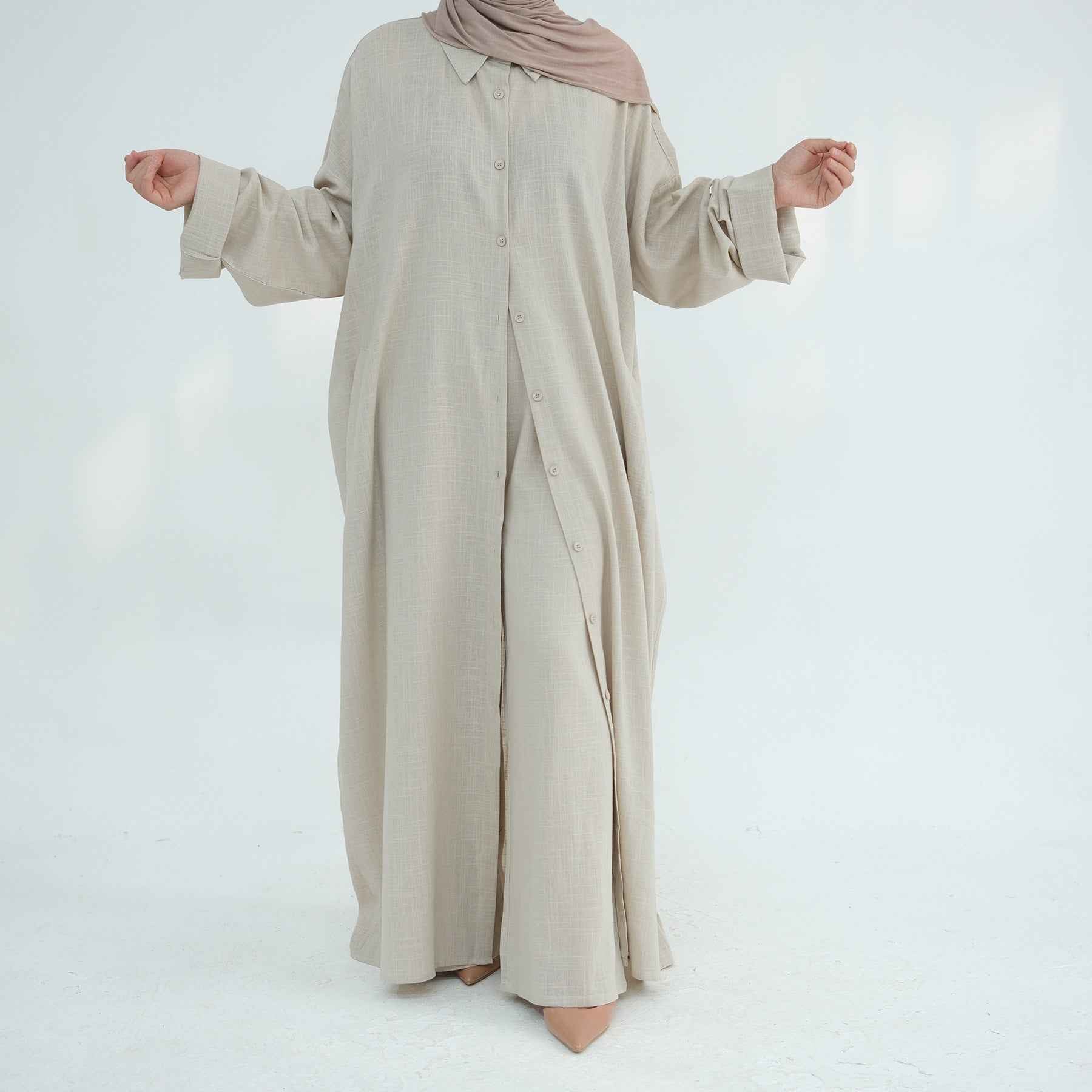 LR924  Plain Linen-Cotton Abaya Set