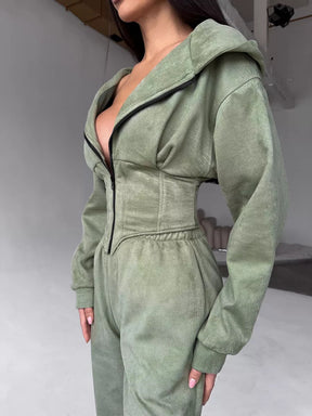 C56105  Autumn Winter Women Plain Drawstring Hooded Sweatsuit Abaya 2-Piece Set