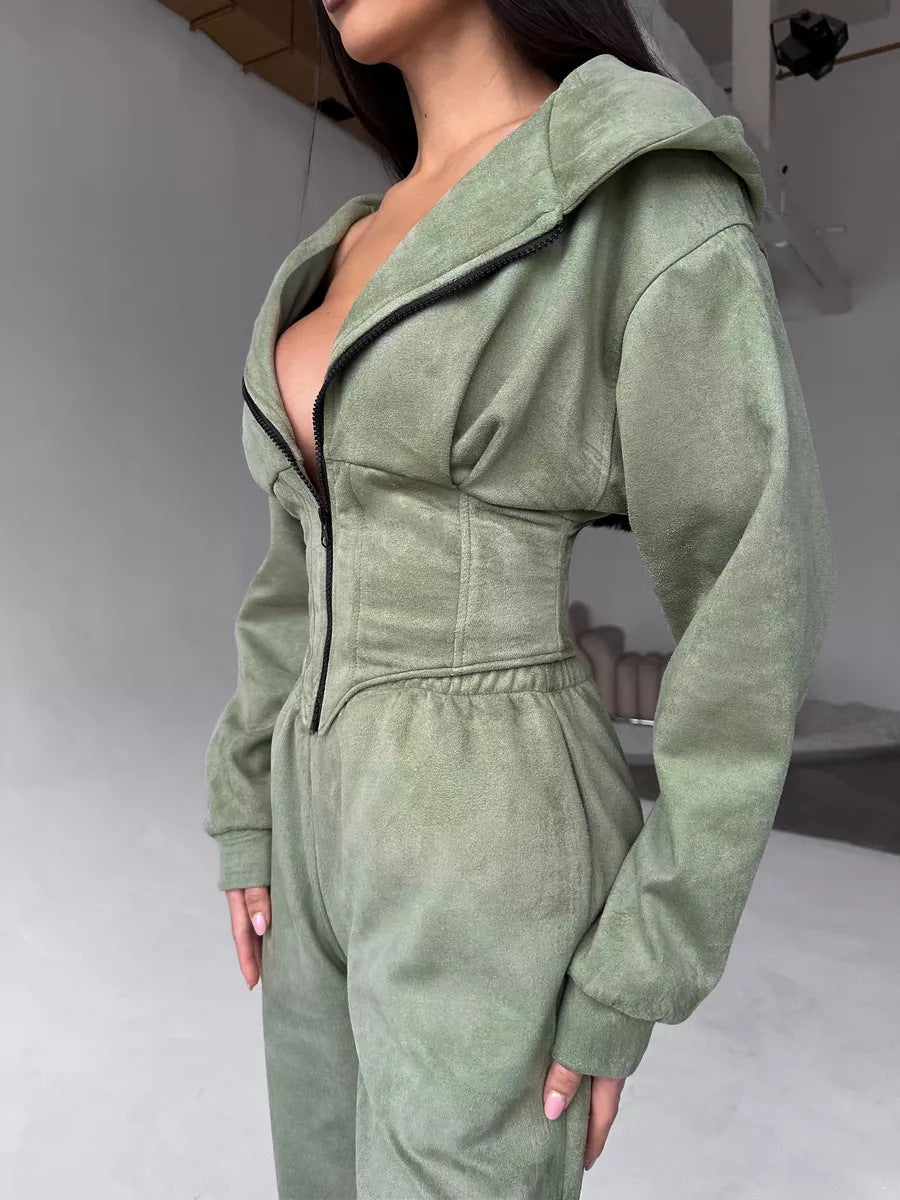 C56105  Autumn Winter Women Plain Drawstring Hooded Sweatsuit Abaya 2-Piece Set